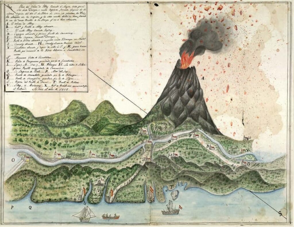 Historical illustration of the eruption of 1814, illustrated 15 years after. Found in the archives of the Franciscan religious order in Spain and reprinted in the monograph "Seraphico: The Franciscan Missionaries in the Aurora Region, 1609-1899" by Carlos Madrid.